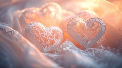 Fototapeta premium Here's a description and keywords for your image.. Romantic lace hearts at sunset.