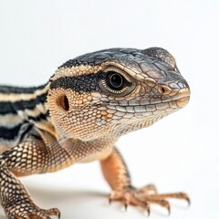 Obraz premium A detailed close-up photograph showcasing the intricate scales and expressive eyes of a reptile against a neutral background.