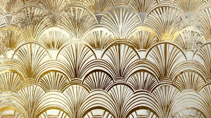 Paper with champagne gold texture and art deco pattern, offering a vintage metallic foil effect for sophisticated event invitations or glamorous wallpaper.