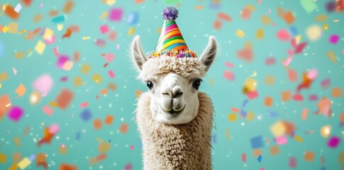Obraz premium A cute llama wearing a festive party hat surrounded by falling confetti, set against a cheerful blue background, symbolizing celebration.