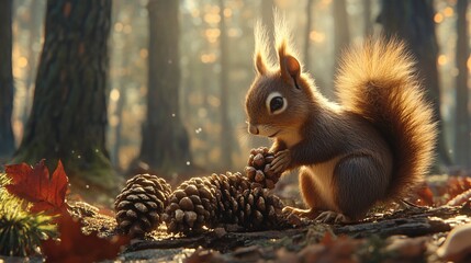 Obraz premium a cute squirrel was picking pine cones in the woods in autumn