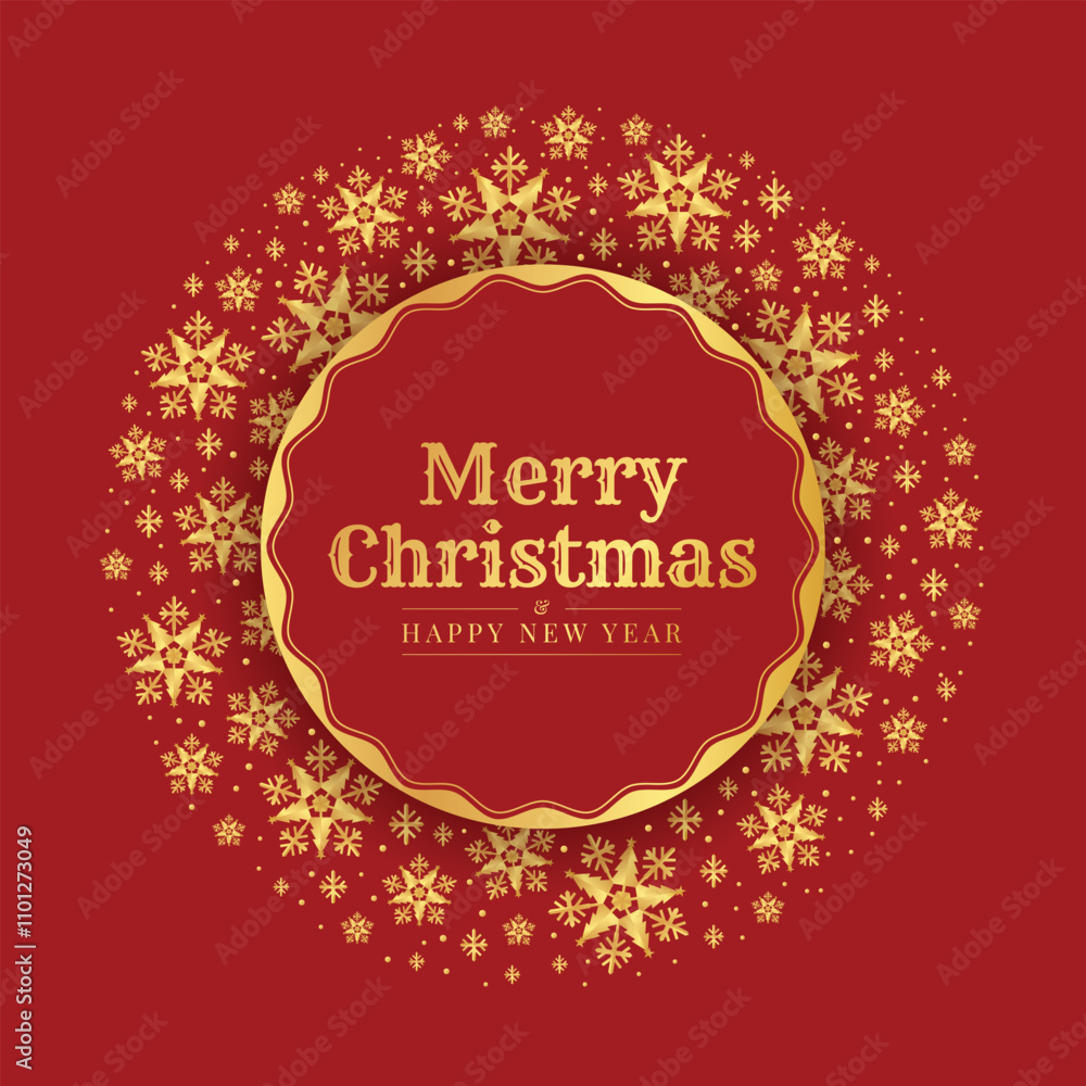 Poster merry christmas and happy new year text in gold frame circle with gold snowflakes around on red back