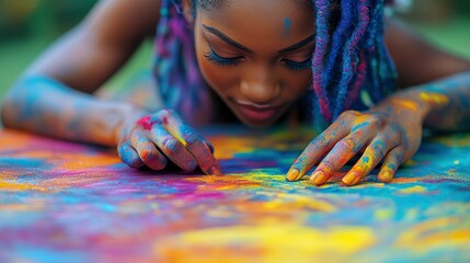 Obraz premium Vibrant Artistic Expression: Young Woman Immersed in Colorful Paint