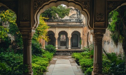 Fototapeta premium Ornate arches frame lush garden pathway.