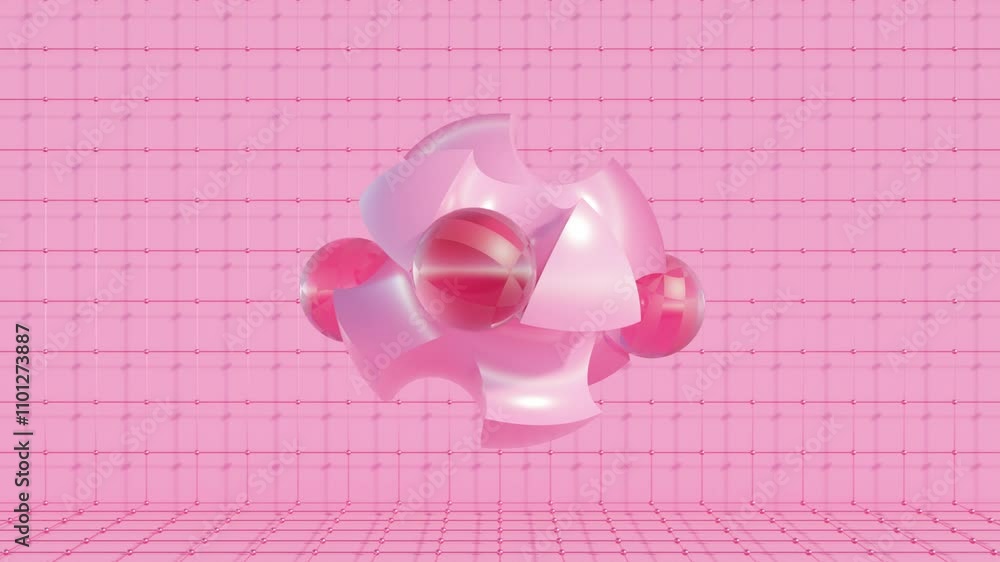 Poster monochrome abstract 3d animation with big sphere and dynamic motion of smaller balls for modern geom