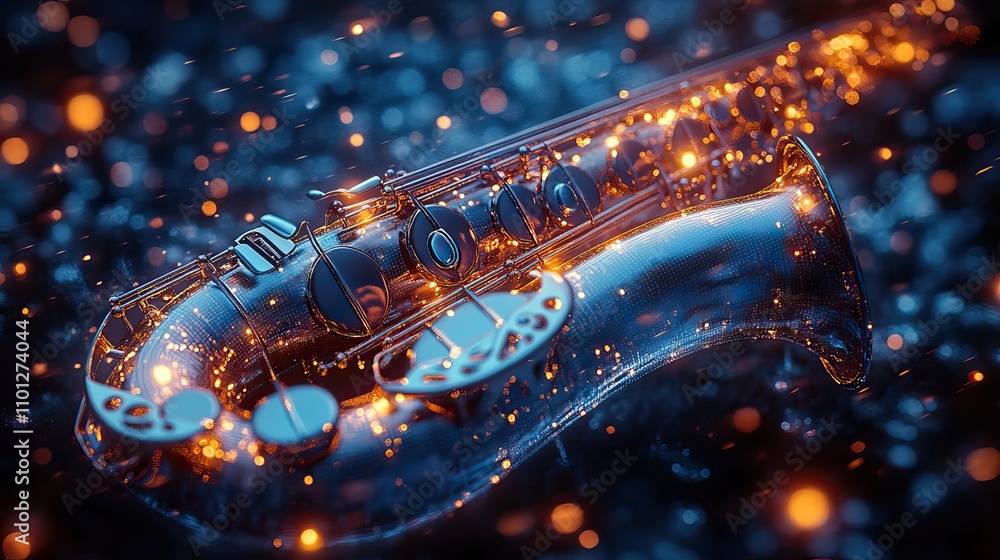 Poster saxophone with blue technology structure rendering