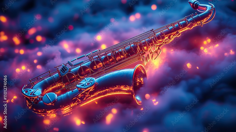Poster saxophone with dark neon light effect rendering