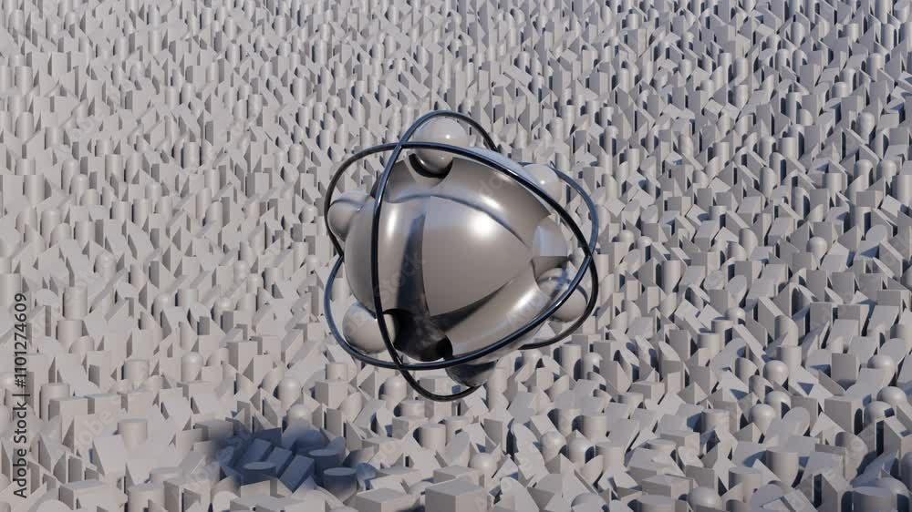 Aufkleber abstract 3d animation with balls in channels: dynamic geometric in metallic rings on a dark backgrou
