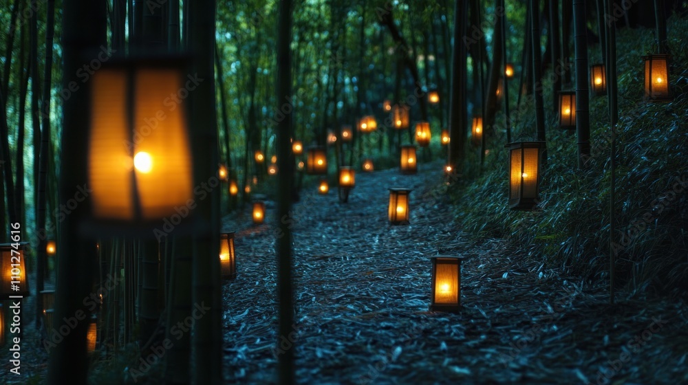 Poster a serene bamboo path illuminated by glowing lanterns, creating a tranquil atmosphere.