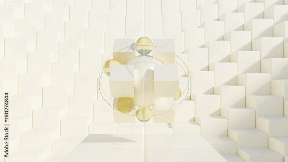 Poster transparent spheres rolling on yellow-tinted cube in light 3d abstract animation