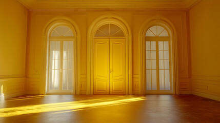 Fototapeta premium Sunlit Yellow Room 3D Render: Arched Windows and Doors
