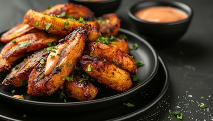 Fototapeta premium Garlic fried plantains, Cuban-style, with sauce on the side, gourmet fries, elegantly arranged on a white plate with a sweeping curve. Fries are, golden and crispy, lightly seasoned with sea salt