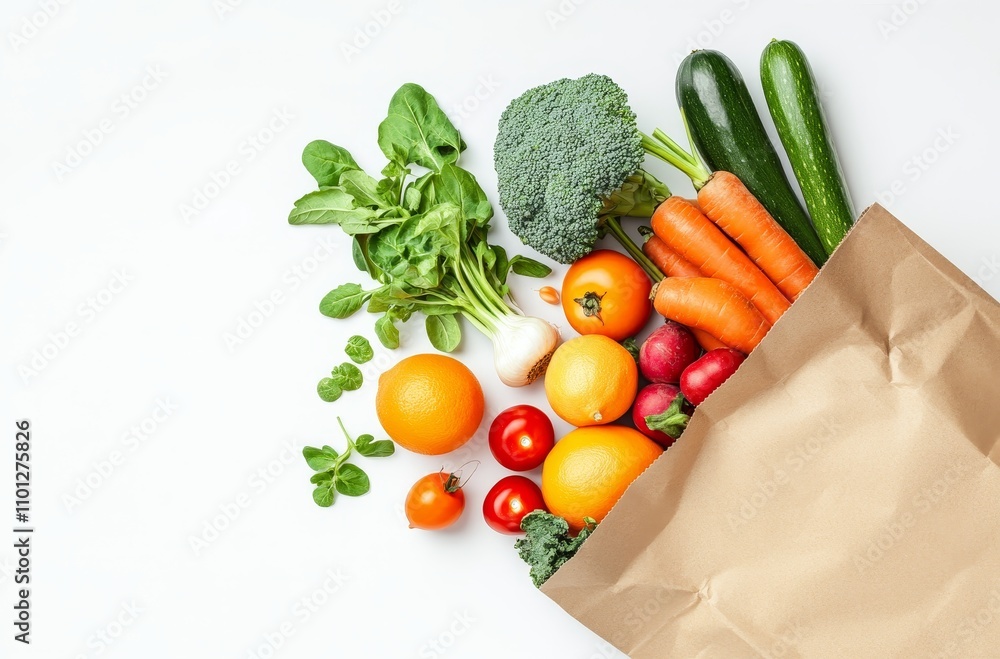 Wall mural A brown paper bag filled with fresh produce, including carrots, cucumbers, broccoli, tomatoes, lemons, and radishes, spills out onto a white background.