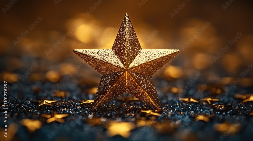 Poster shiny golden five pointed star rendering