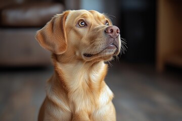 Golden Labrador puppy looking up, indoors.
