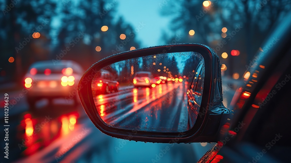 Poster side mirror view alerts drivers to their blind spot by illuminating it with light before they change