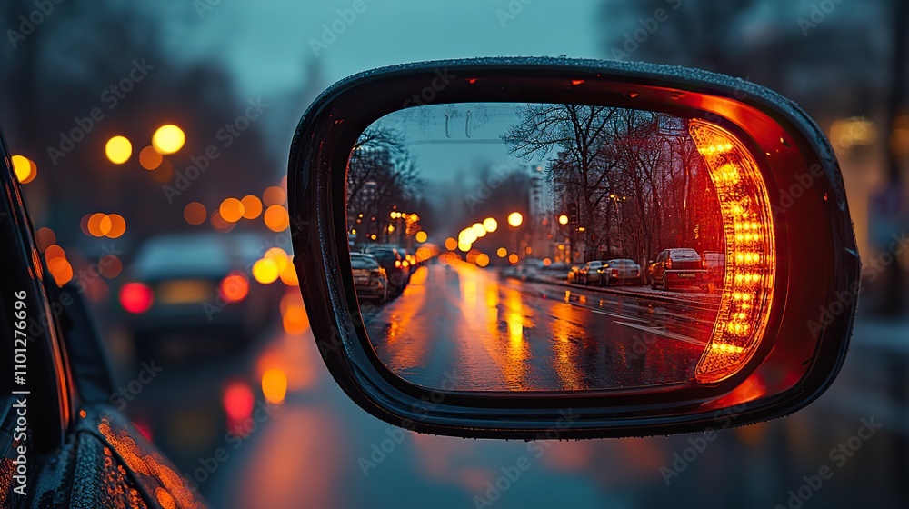 Poster side mirror view alerts drivers to their blind spot by illuminating it with light before they change