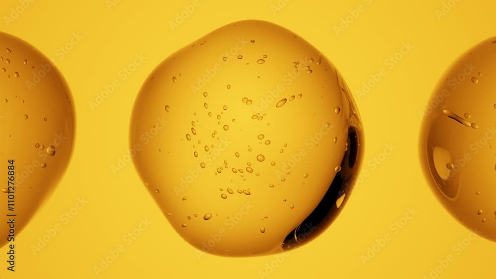 Poster abstract 3d animation of transparent cells with air bubbles inside in a row on an orange background.