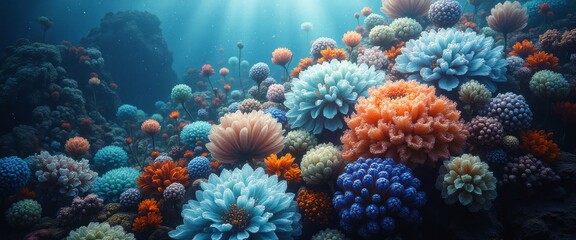 Colored Corals in coral reef, underwater photography, The fish is orange and has a white spot on its head. The reef is full of life and color, creating a vibrant and lively scene