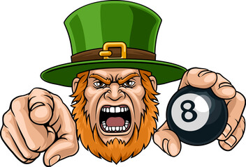 An angry Leprechaun Celtic Irish cartoon character holding billiards pool 8 black ball and pointing sports team mascot illustration.