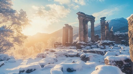 Fototapeta premium Snow-covered ancient ruins at sunrise, showcasing nature's beauty and historical significance.