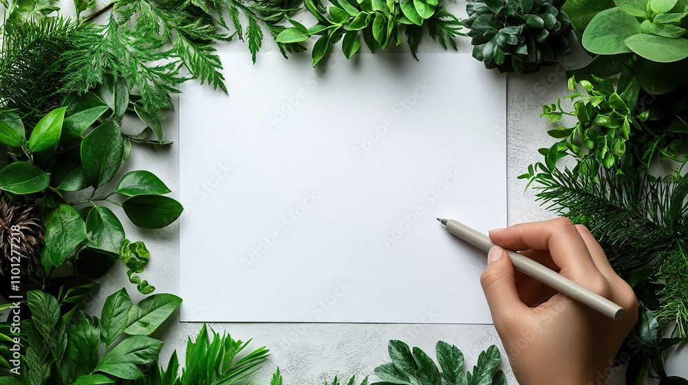 Poster simple white desktop with one hand writing on a piece of paper with a neutral pen and some note taki