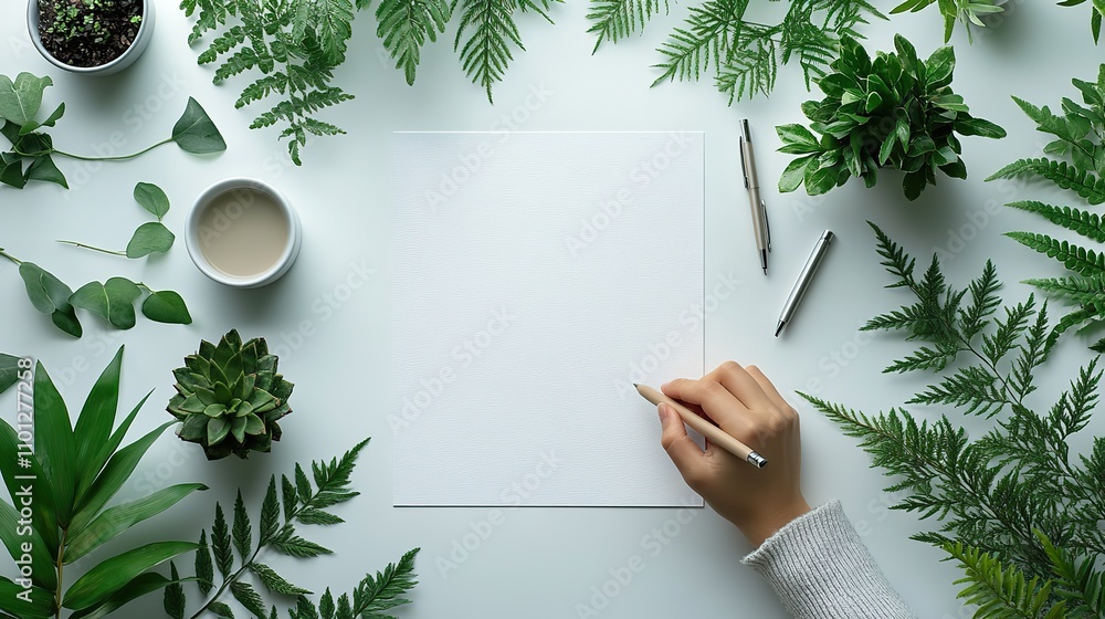 Poster simple white desktop with one hand writing on a piece of paper with a neutral pen and some note taki