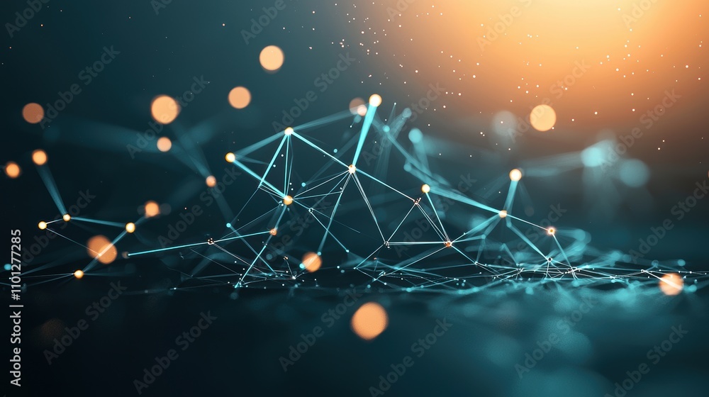 Poster an abstract representation of the global economy with interconnected nodes, data streams, and glowin