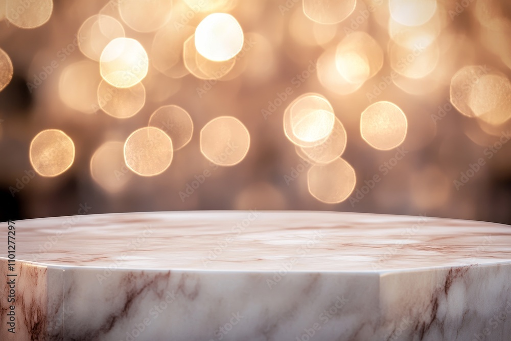 Poster empty marble podium with warm bokeh lights in the background.