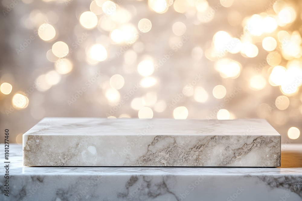 Poster A white marble podium on a marble surface with bokeh lights in the background.