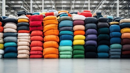 Rows of colorful sleeping bags stacked in multiple layers inside a warehouse setting with industrial lights and a metallic floor.