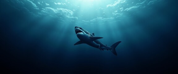 Fototapeta premium A shark is swimming in the ocean. The water is blue and the sun is shining