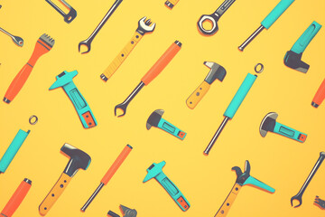 Naklejka premium Colorful tools arranged on a vibrant yellow background, illustration
