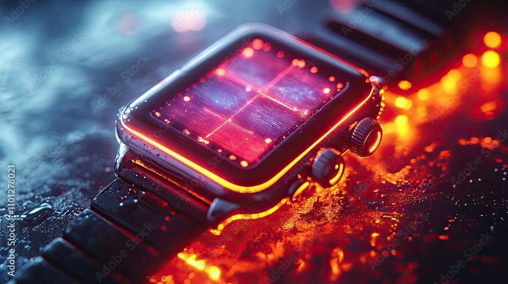 Poster smart watch with dark neon light effect rendering