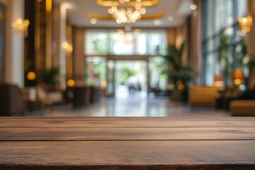 Fototapeta premium A wooden table with a blurred background of a hotel lobby.