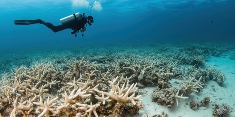 Obraz premium Diver explores vibrant coral reefs, highlighting the harmful effects of pollution on marine ecosystems.