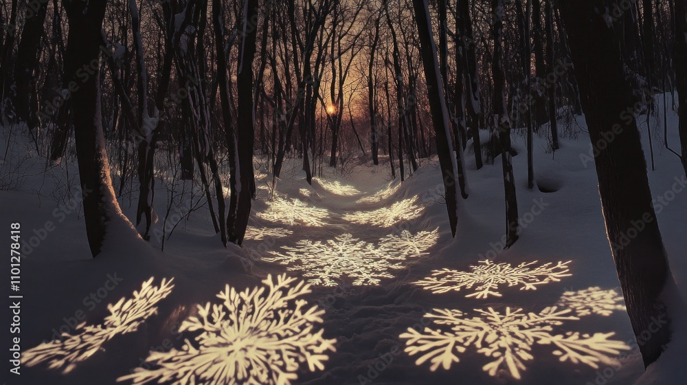 Aufkleber a snowy forest path illuminated by intricate snowflake patterns at sunset.