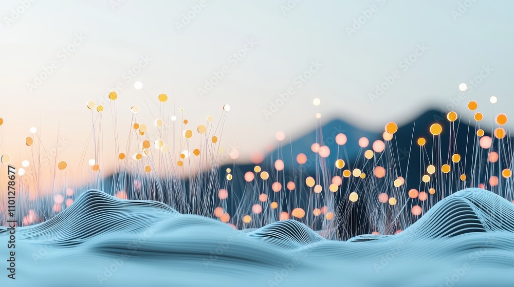 Poster abstract visualization of a digital network with data packets flowing through intricate connections,