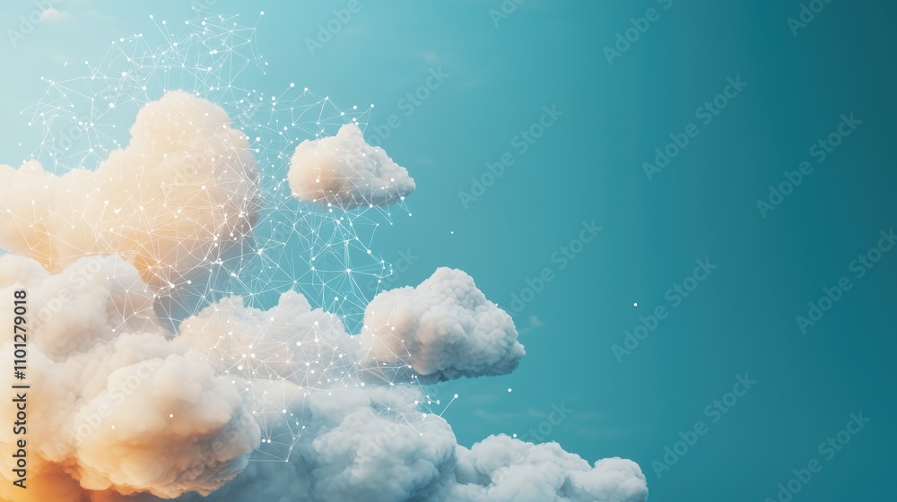 Poster a blue sky with fluffy white clouds transforming into digital data clouds, symbolizing the transitio