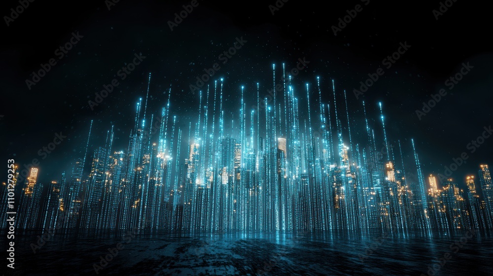 Poster a futuristic cityscape at night with buildings illuminated by streams of binary code, depicting a wo