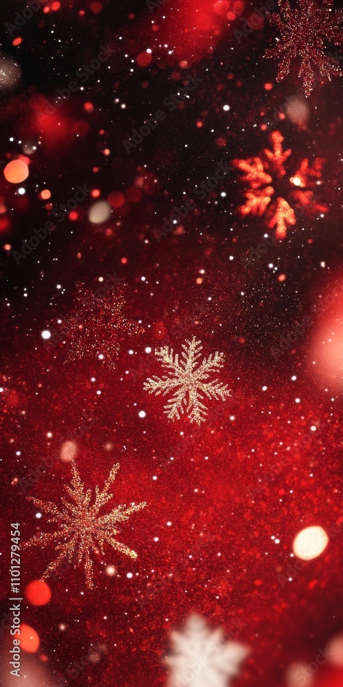 Poster a vibrant red holiday background with sparkling glitter and enchanting bokeh lights, creating a magi