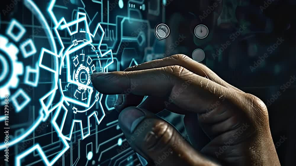 Aufkleber hand interacting with digital touchscreen interface gears of modern technology and innovation in fut