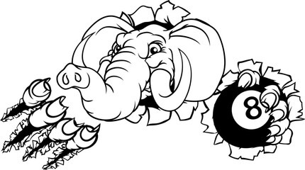 An elephant angry mean pool billiards mascot cartoon character holding a black 8 ball.