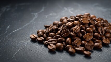 Fototapeta premium Coffee beans on grey slate with copy space