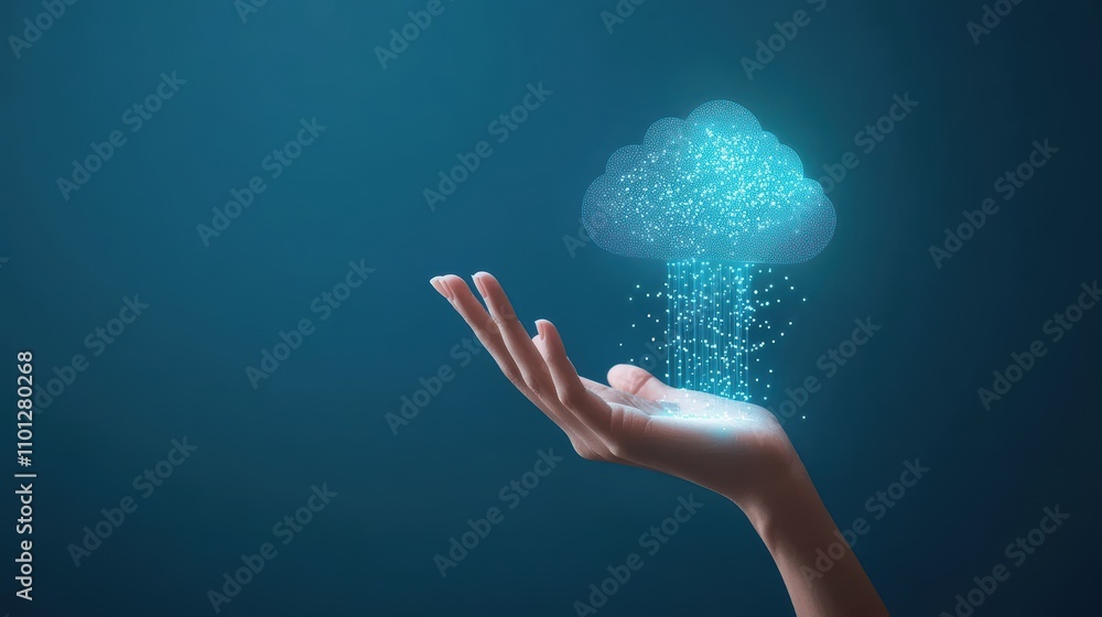Poster a hand reaching out to touch a glowing cloud icon with data streams flowing through it, symbolizing 