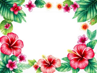 Obraz premium Tropical wedding frame with hibiscus flowers and palm leaves watercolor illustration, blank middle space for text or image design, wedding, frame