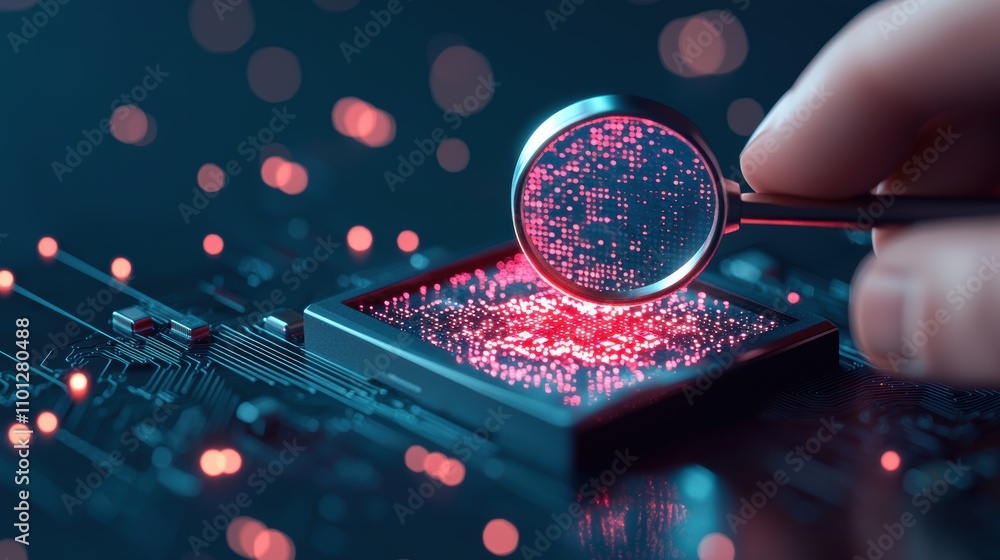 Poster a hand holding a magnifying glass over a computer chip, symbolizing the process of scanning for and 