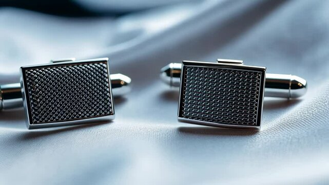 Close-up of luxury cufflinks on a crisp white shirt cuff, focusing on the polished metal and elegant design details.