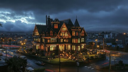 A Majestic Gothic Revival Mansion Illuminated at Night, Surrounded by Stormy Skies and Urban Landscape, Capturing the Essence of Historical Architecture and Charm