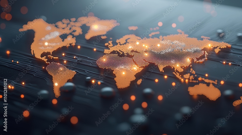 Poster abstract world map with glowing dots and lines representing international data transfer, global busi
